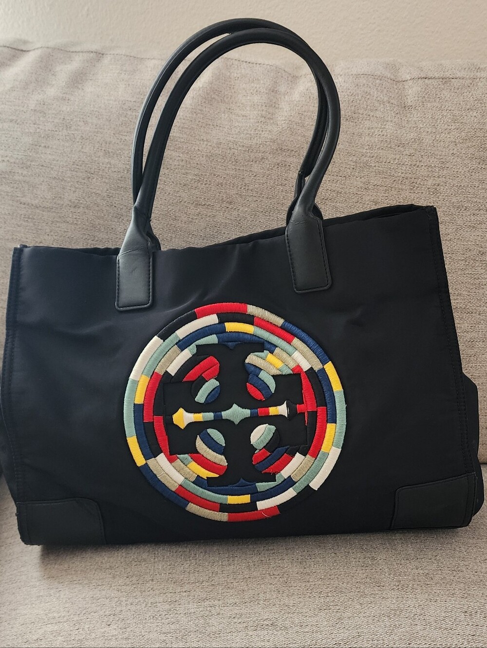 Tory Burch Black Nylon Tote with Multicolor Logo Embroidery